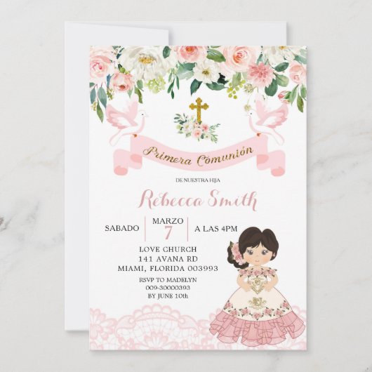 Bloem Roze Mexicaans Meisje Heilige Communie Uitno Kaart (Voorkant)