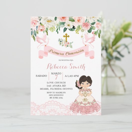 Bloem Roze Mexicaans Meisje Heilige Communie Uitno Kaart (Staand voorkant)