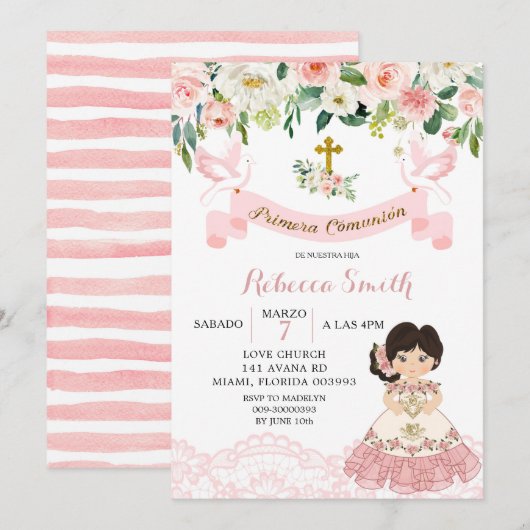 Bloem Roze Mexicaans Meisje Heilige Communie Uitno Kaart (Voorkant / Achterkant)