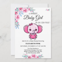 Bloem Roze Olifant Baby Meisje Shower Uitnodiging