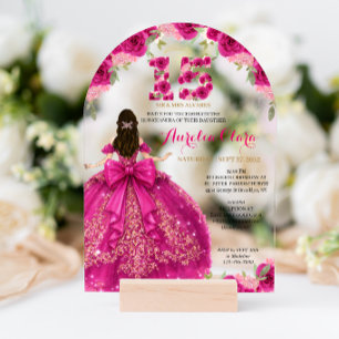 Bloem Roze Prinses Coquette Quinceanera Boog Acryl Uitnodigingen