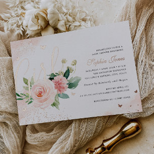 Bloem Roze Roze Goud Meisje Baby Shower Folie Uitnodiging