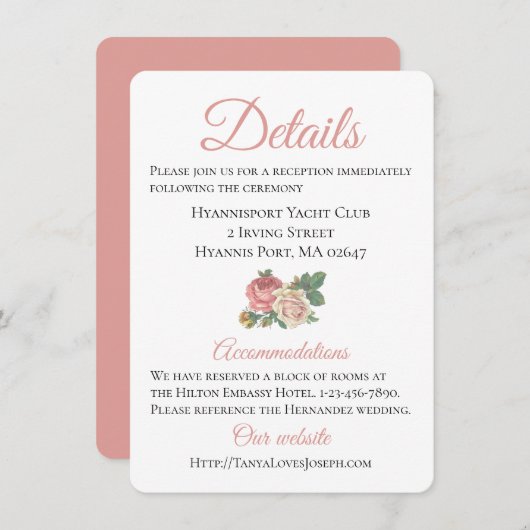 Bloem Roze Rozen Bruiloft Richting Details Informatiekaartje (Voorkant / Achterkant)
