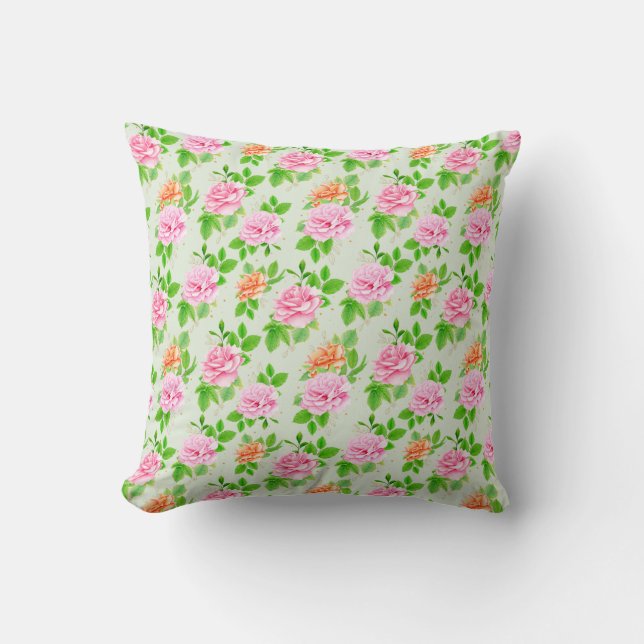 Bloem Roze Rozen Patroon Kussen (Voorkant)