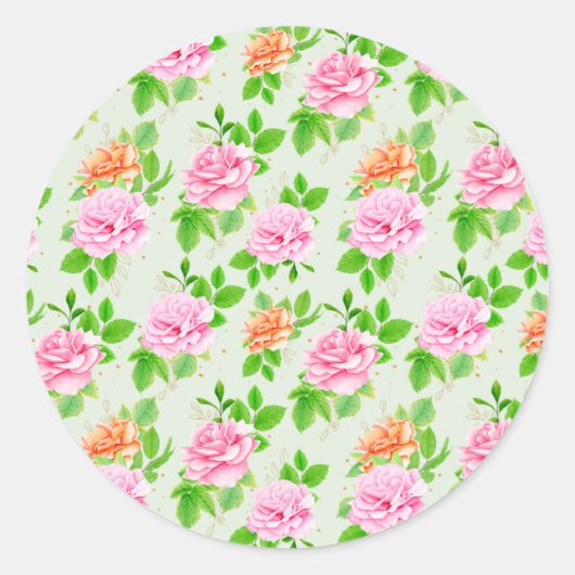 Bloem Roze Rozen Patroon Ronde Sticker (Voorkant)