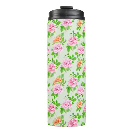 Bloem Roze Rozen Patroon Thermosbeker (Voorkant)