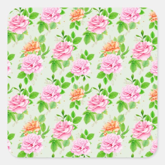 Bloem Roze Rozen Patroon Vierkante Sticker (Voorkant)