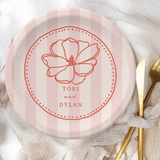 Bloem roze streep bruiloft papieren bordje