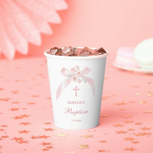 Bloem Roze Strik Doop Papieren Bekers (Insitu)