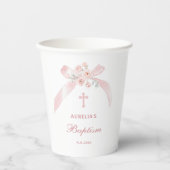 Bloem Roze Strik Doop Papieren Bekers (Voorkant)