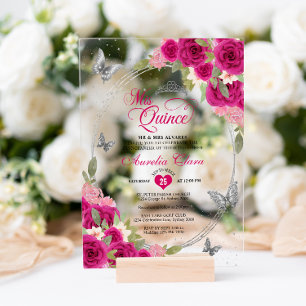Bloem Roze Zilveren Tiara Vlinder Mis Quinceañera Acryl Uitnodigingen