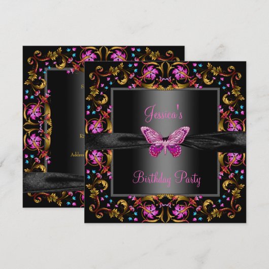 Bloem Roze Zwarte Vlinder Verjaardagsfeestje Kaart (Voorkant / Achterkant)
