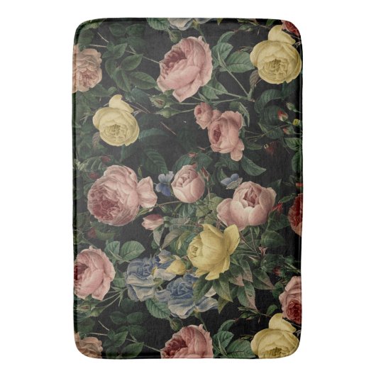 bloem-Rozen en Iris Pattern-Dark Dreams Badmat (Voorkant Verticaal)