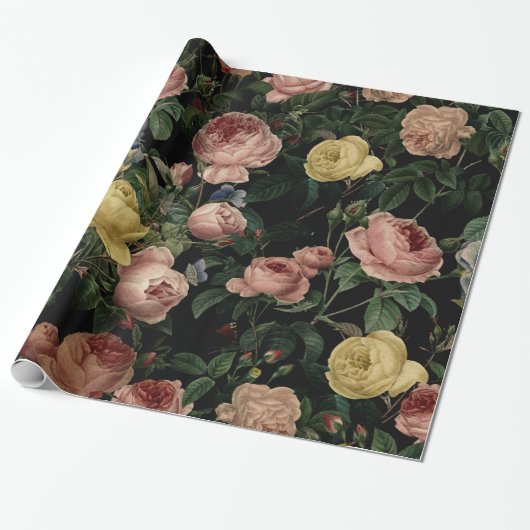 bloem-Rozen en Iris Pattern-Dark Dreams Cadeaupapier (Uitgerold)