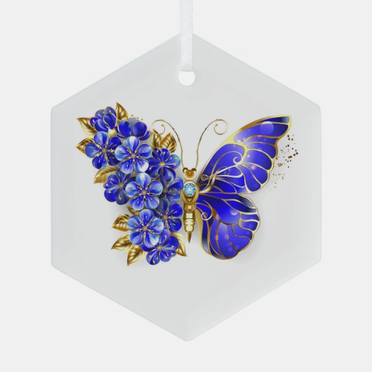 Bloem Saffier Vlinder Glas Ornament (Achterkant)