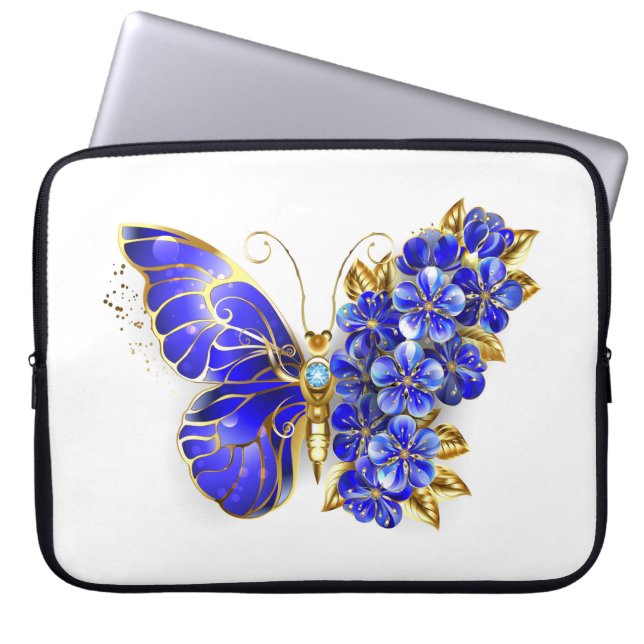 Bloem Saffier Vlinder Laptop Sleeve (Voorkant)