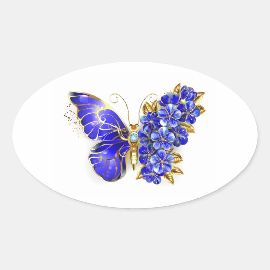 Bloem Saffier Vlinder Ovale Sticker (Voorkant)