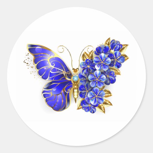 Bloem Saffier Vlinder Ronde Sticker (Voorkant)