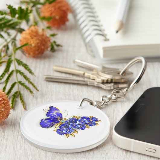 Bloem Saffier Vlinder Sleutelhanger (Voorkant Rechts)