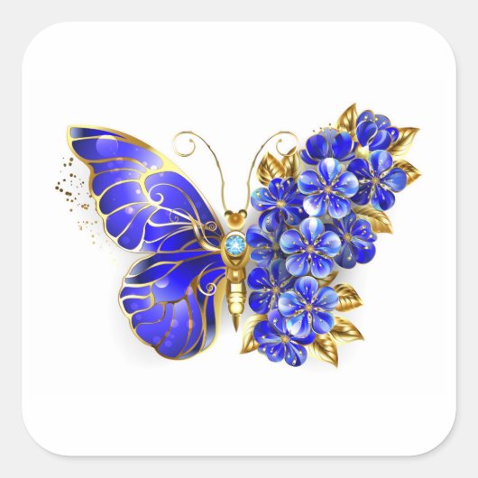 Bloem Saffier Vlinder Vierkante Sticker (Voorkant)