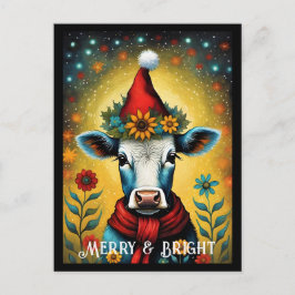 Bloem Santa Schattige Baby Koe Kleurrijke Kerst Briefkaart