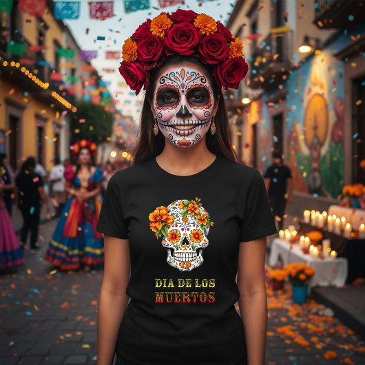Bloem Schedel Dia de los Muertos T-shirt