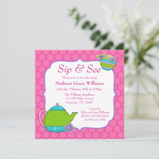 Bloem Tea Cups roze poka Dot Sip en zie Kaart (Staand voorkant)