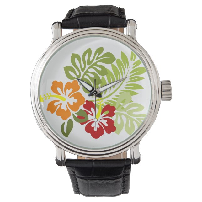 Bloem Tropisch lekt Hibiscus Hawaii rood Sinaasapp Horloge (Voorkant)