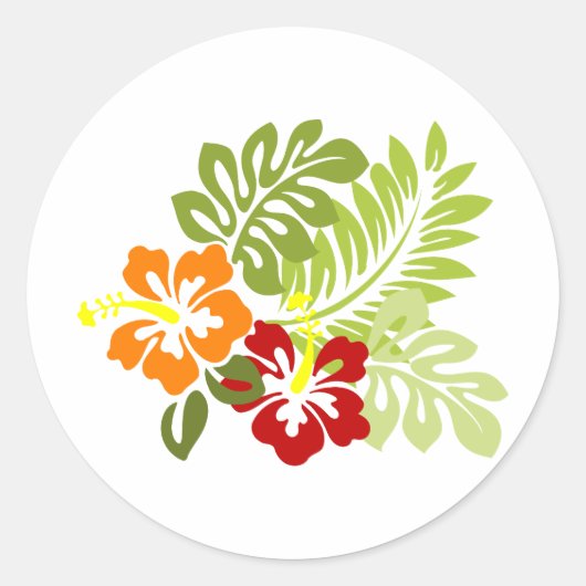 Bloem Tropisch lekt Hibiscus Hawaii rood Sinaasapp Ronde Sticker (Voorkant)