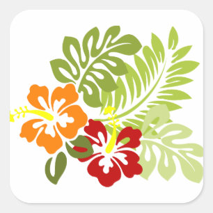 Bloem Tropisch lekt Hibiscus Hawaii rood Sinaasapp Vierkante Sticker
