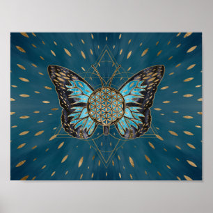 Bloem van de vlinder - Blauwe Gemstone en goud Poster