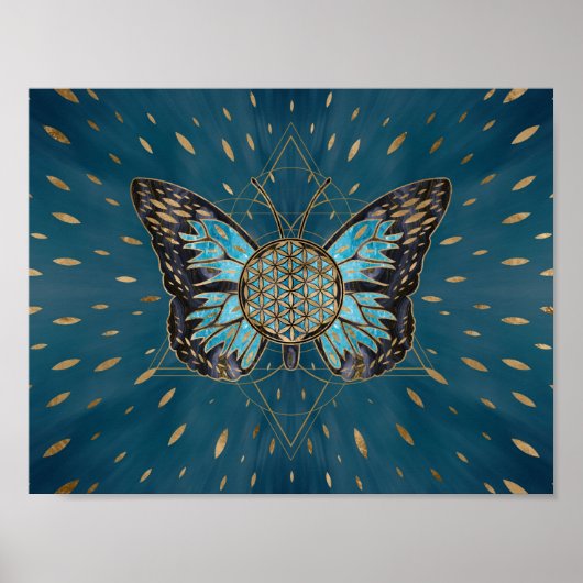 Bloem van de vlinder - Blauwe Gemstone en goud Poster (Voorkant)