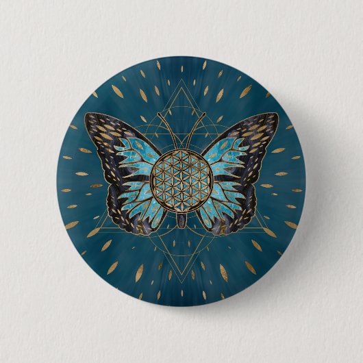 Bloem van de vlinder - Blauwe Gemstone en goud Ronde Button 5,7 Cm (Voorkant)