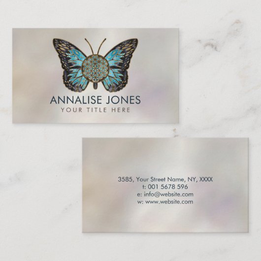 Bloem van de vlinder - Blauwe Gemstone en goud Visitekaartje (Voorkant / Achterkant)
