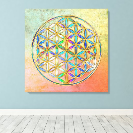 Bloem van het leven / Blume des Lebens - gouden kl Canvas Afdruk (Insitu (Houten vloer))