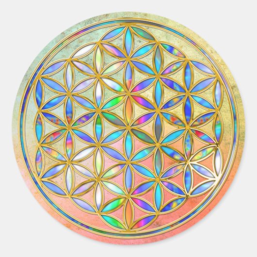 Bloem van het leven / Blume des Lebens - gouden kl Ronde Sticker (Voorkant)
