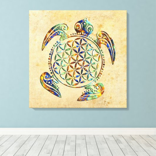 Bloem van het leven / Blume des Lebens - schildpad Canvas Afdruk (Insitu (Houten vloer))