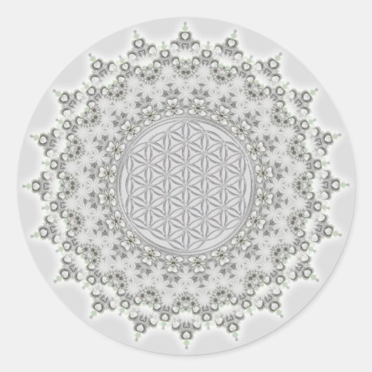 Bloem van het leven - Fractal Mandala grijs groen Ronde Sticker (Voorkant)