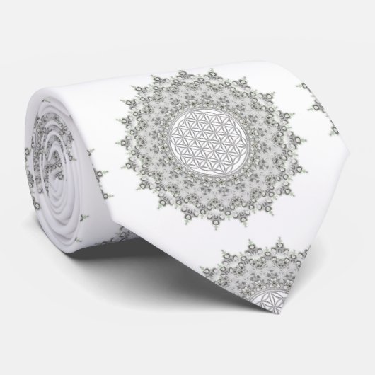 Bloem van het leven - Fractal Mandala grijs groen Stropdas (Opgerold)
