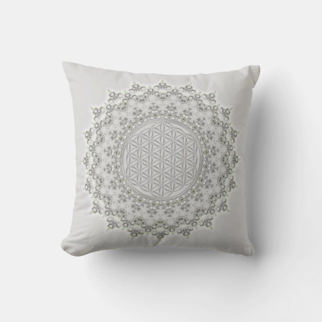 Bloem van het leven - Mandala grijs groen Buitenkussen (Voorkant)