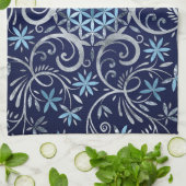 Bloem van het leven Mandala - Zilver Blauw Theedoek (Gevouwen)