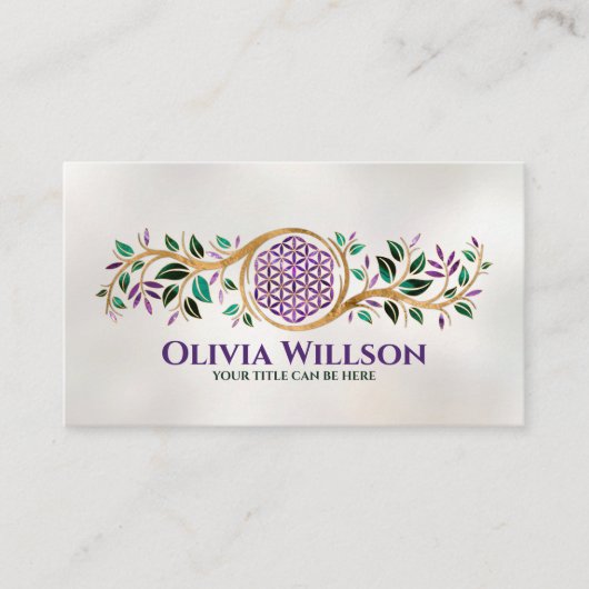 Bloem van leven - Amethyst Malachite en goud Visitekaartje (Voorkant)