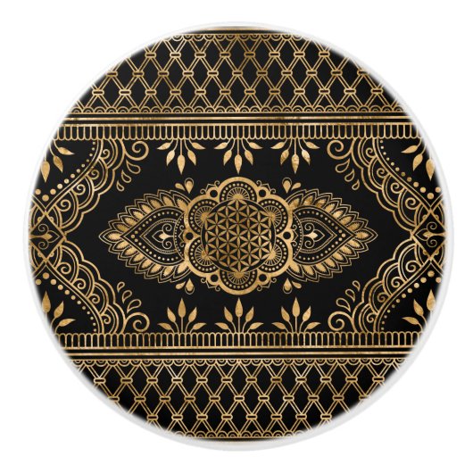 Bloem van leven - Black en Gold Ornament Keramische Knop (Voorkant)
