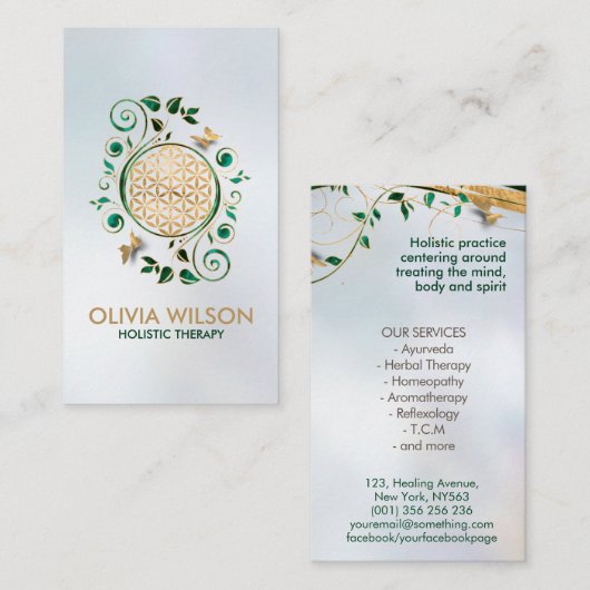 Bloem van leven - Malachietwervelkolom en bustaven Visitekaartje (Voorkant / Achterkant)