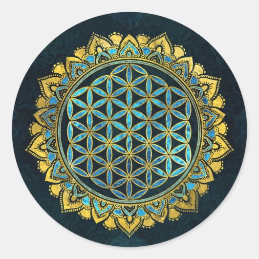 Bloem van levensgoud en blauw textuurglas ronde sticker (Voorkant)