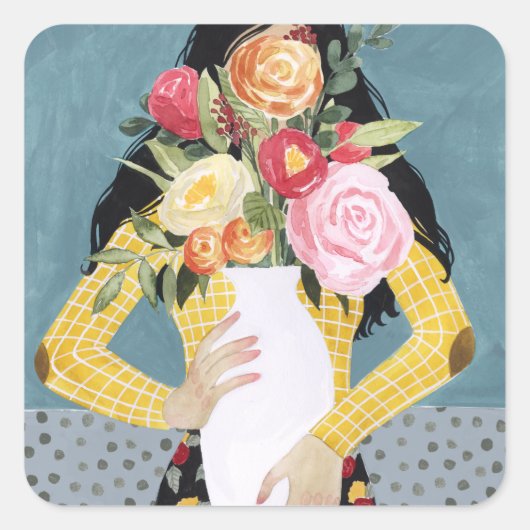 Bloem Vase Girl Vierkante Sticker (Voorkant)