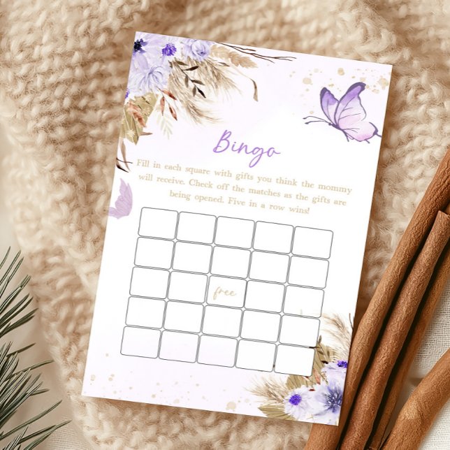Bloem Vlinder Baby Shower Bingo Spel (Purple Butterfly Baby Shower Bingo Game)