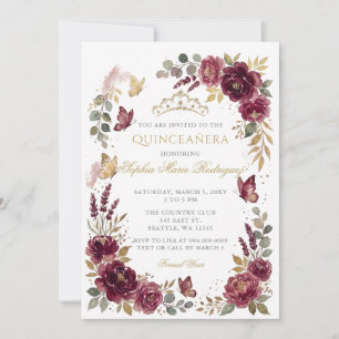 Bloem Vlinder Bourgondië Gouden Tiara Quinceañera Kaart