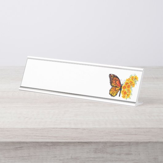 Bloem Vlinder met Gele California Klaproos Bureau Naambordje (Voorkant)