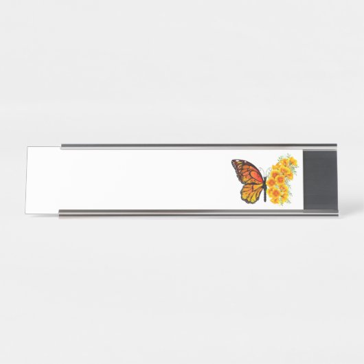 Bloem Vlinder met Gele California Klaproos Bureau Naambordje (Voorkant)